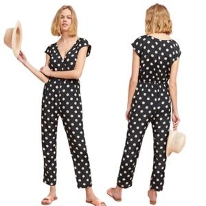 EUC Anthropologie’s Corey Lynn Calter wrap-front polka dot jumpsuit/black & tan